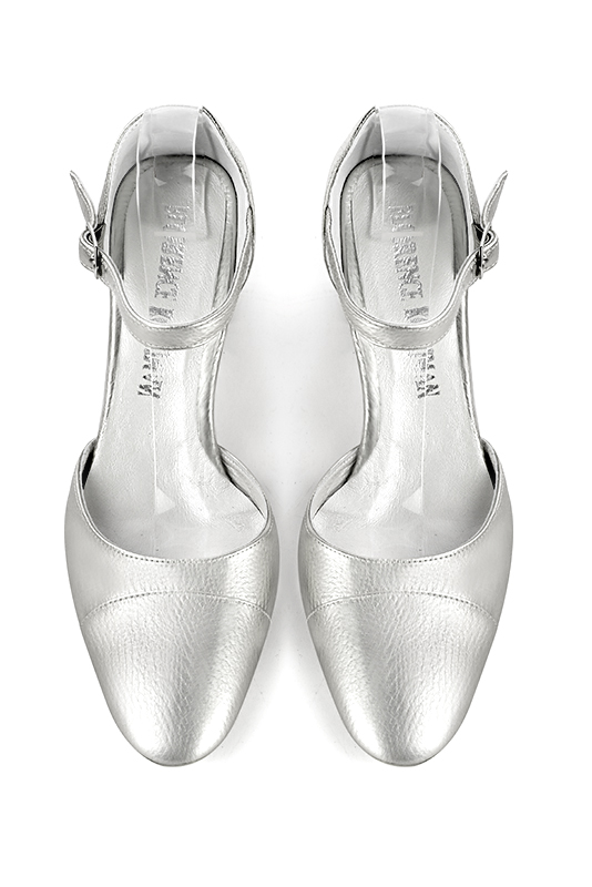 Light silver women's open side shoes, with an instep strap. Round toe. Medium block heels. Top view - Florence KOOIJMAN